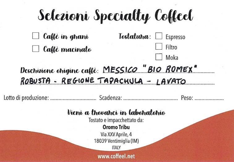 caffè 100% certificato bio messico agata romex - fine robusta - in grani 300gr